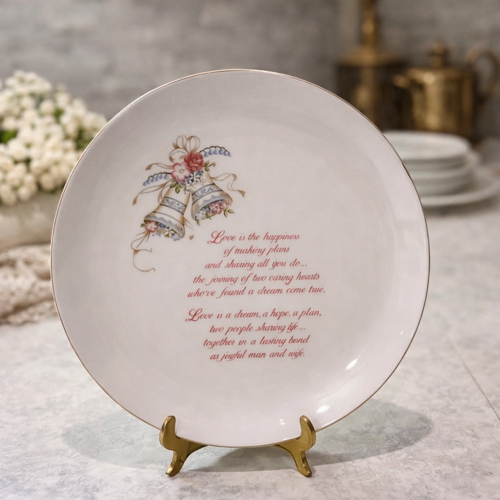 Russ Collectors White Plate with Floral and Script Design